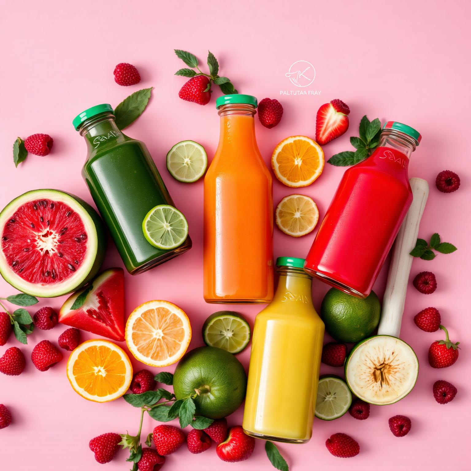 JuBonz fresh fruit juice bottles arranged with watermelon, oranges, limes, and berries